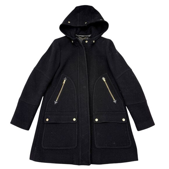 J.‎ Crew Chateau Parka Italian Wool Stadium Cloth Coat Size 2 Black NO FUR HOOD - Picture 1 of 9